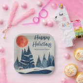 Winter Landscape Forest Moon Navy Blue Drawing  ペーパープレート (パーティー)