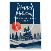 Winter Landscape Forest Moon Navy Blue Drawing  ミディアムペーパーバッグ (正面)