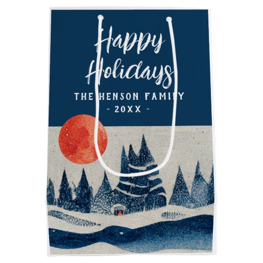 Winter Landscape Forest Moon Navy Blue Drawing  ミディアムペーパーバッグ (裏面)