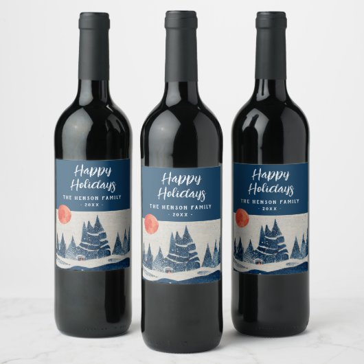 Winter Landscape Forest Moon Navy Blue Drawing ワインラベル (ボトル)