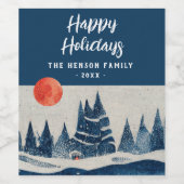 Winter Landscape Forest Moon Navy Blue Drawing  ワインラベル (シングルラベル)