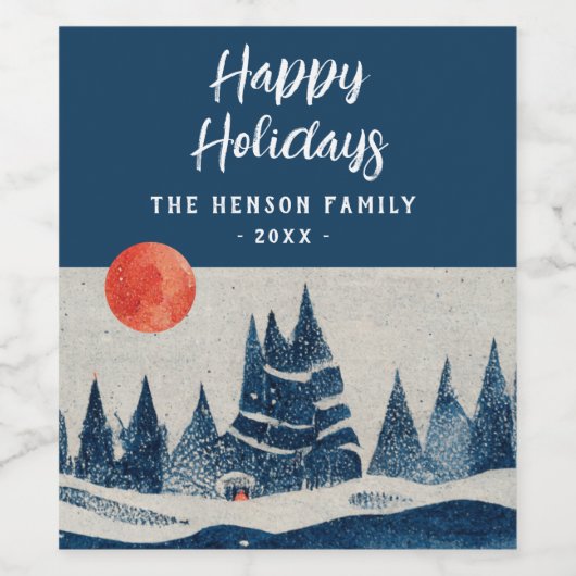 Winter Landscape Forest Moon Navy Blue Drawing ワインラベル (シングルラベル)