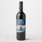 Winter Landscape Forest Moon Navy Blue Drawing ワインラベル (正面)