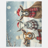 Winter Landscape with Sheep and Cabin フリースブランケット (正面)