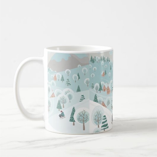 Winter landscape with snow, trees and children on コーヒーマグカップ (左)