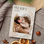 Winter Laurel | Merry Christmas Photo 箔シーズンカード<br><div class="desc">A chic and elegant holiday card design featuring a single vertical or portrait-oriented photo in a unique arched layout, embellished with finely detailed botanical foliage in rose gold foil. "Merry Christmas" appears at the top left, with your family name at the lower right. A refined nature-inspired choice for your Christmas...</div>