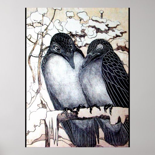 WINTER LOVE BIRDS IN SNOW 黒 白 ポスター (正面)