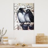 WINTER LOVE BIRDS IN SNOW 黒 白 ポスター (キッチン)