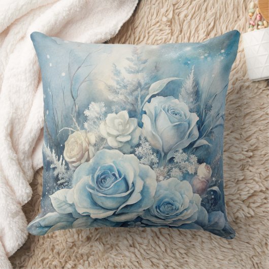 Winter Magic Blue Rose Floral Pillow クッション (ブランケット)