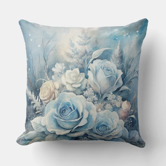 Winter Magic Blue Rose Floral Pillow クッション (正面)