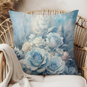 Winter Magic Blue Rose Floral Pillow クッション