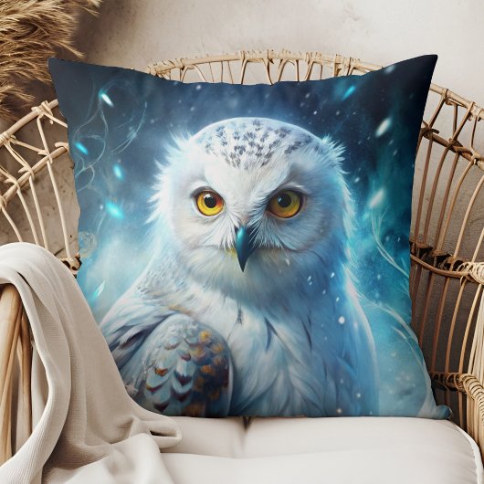 Winter Magic Snowy Owl Mystic Blue Throw Pillow クッション