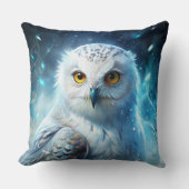 Winter Magic Snowy Owl Mystic Blue Throw Pillow クッション (正面)