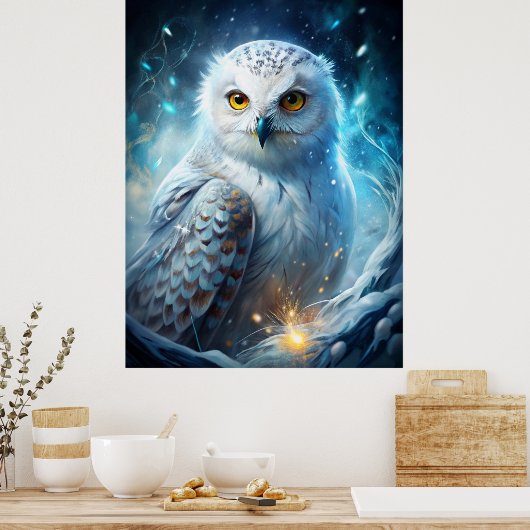 Winter Magic Snowy Owl – Mystical Blue Forest ポスター (キッチン)