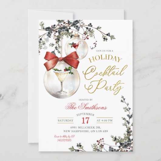 Winter Minimalist Bauble Holiday Cocktail Party 招待状 (正面)