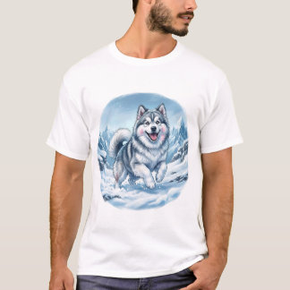 Winter Mountain Dog Chest Print Tシャツ