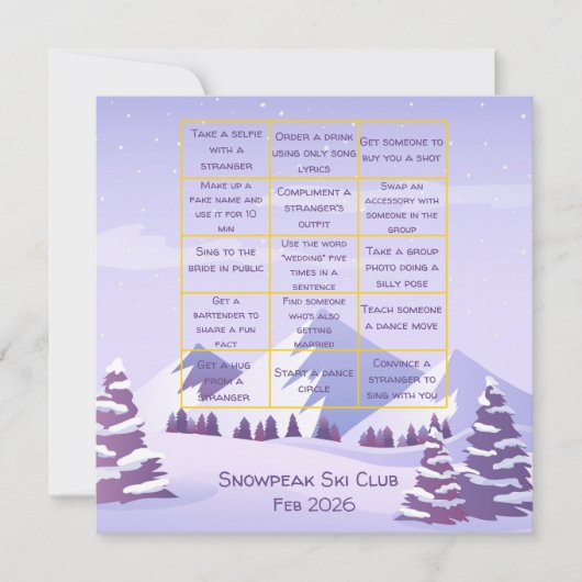 Winter Mountains Bachelorette Party Bingo Game サンキューカード (正面)