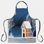 Winter night landscape. Cozy house, various trees, エプロン (正面)