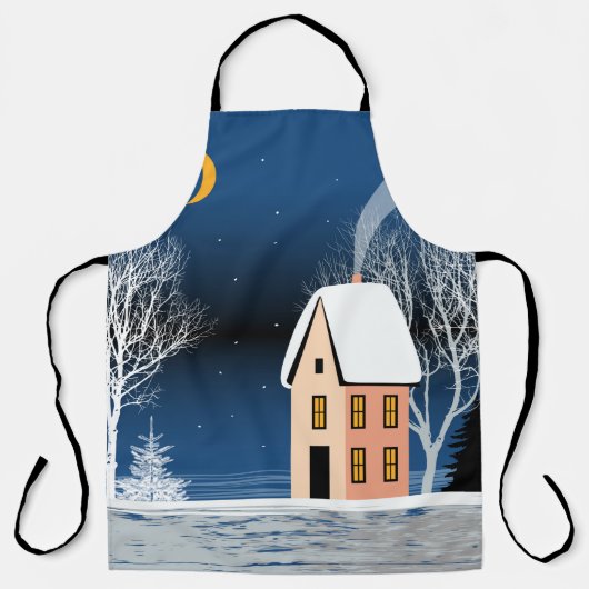 Winter night landscape. Cozy house, various trees, エプロン (正面)