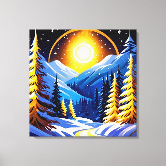 Winter Night Landscape With Snowy Mountains キャンバスプリント (正面)