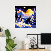Winter Night Landscape With Snowy Mountains ポスター (ホームオフィス)