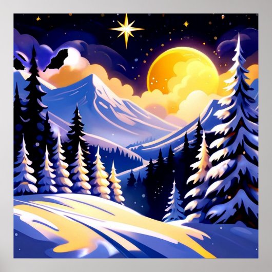 Winter Night Landscape With Snowy Mountains ポスター (正面)