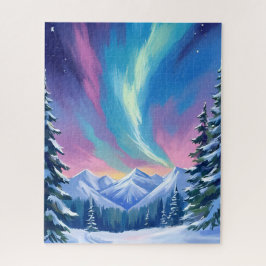 Winter Night Northern Lights Watercolor Mountain ジグソーパズル