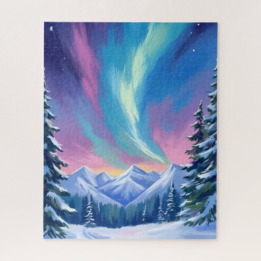 Winter Night Northern Lights Watercolor Mountain ジグソーパズル (縦)
