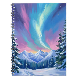 Winter Night Northern Lights Watercolor Mountain ノートブック