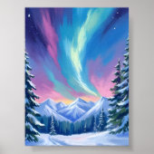 Winter Night Northern Lights Watercolor Mountain ポスター (正面)