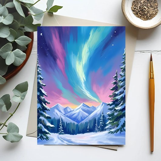 Winter Night Northern Lights Watercolor Mountain ポストカード