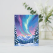 Winter Night Northern Lights Watercolor Mountain ポストカード (スタンド正面)