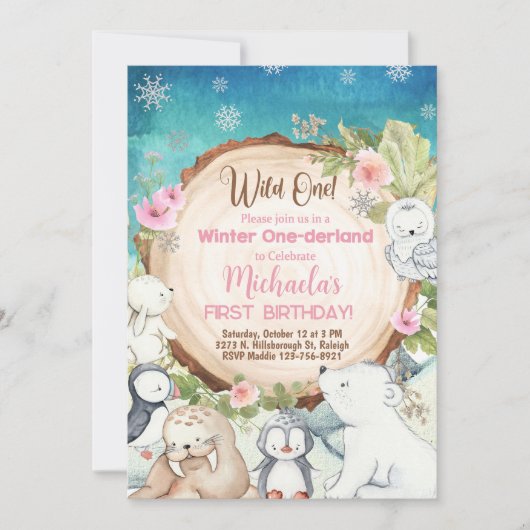 Winter One-derland girl 1st birthday invitation. 招待状 (正面)