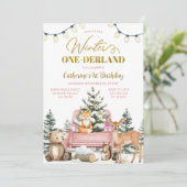 Winter ONE-derland Pink Truck Animals 1st Birthday 招待状 (スタンド正面)
