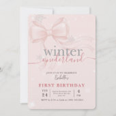 Winter Onederlan Pink Bow Baby First Birthday 招待状 (正面)