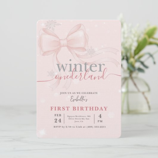 Winter Onederlan Pink Bow Baby First Birthday 招待状 (スタンド正面)