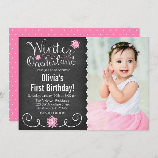 Winter Onederlandお洒落フォトファースト誕生日 招待状 (正面/裏面)