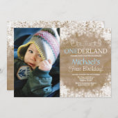 Winter Onederland素朴 Boy 1st Birthday写真 招待状 (正面/裏面)