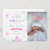 Winter Onederland紫、青、ピンクの写真 招待状 (正面/裏面)