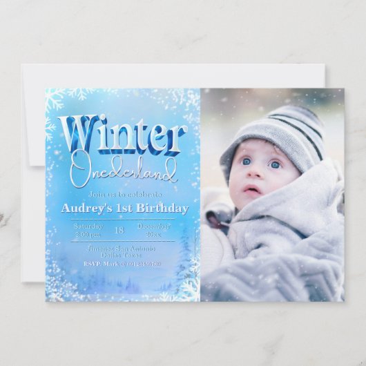 Winter Onederland – 写真と一緒に1番目の誕生日 招待状 (正面)