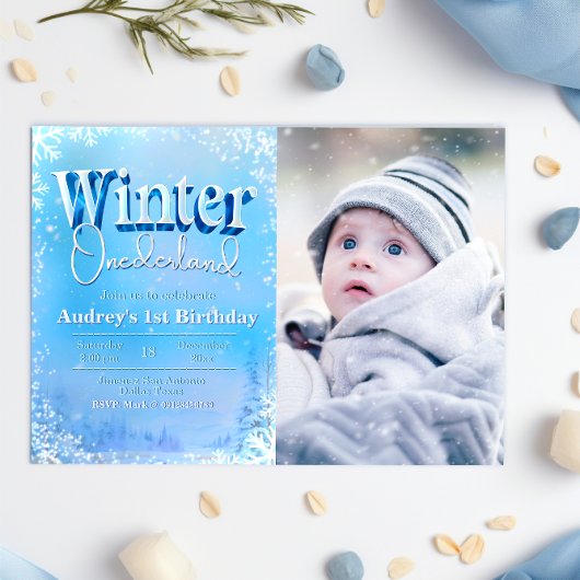 Winter Onederland – 写真と一緒に1番目の誕生日 招待状