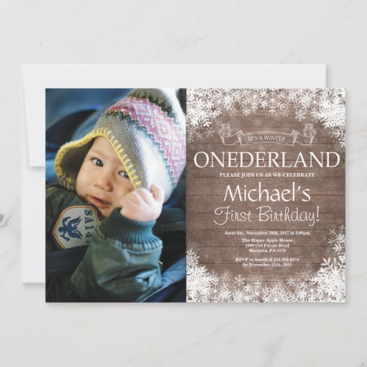 Winter Onederland 素朴1st誕生日の写真 招待状 (正面)