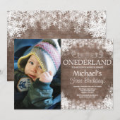 Winter Onederland 素朴1st誕生日の写真 招待状 (正面/裏面)