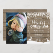 Winter Onederland 素朴1st誕生日の写真 招待状 (正面/裏面)