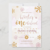 Winter Onederland 1番目の誕生日バラ金ゴールドと金ゴールド 招待状 (正面)