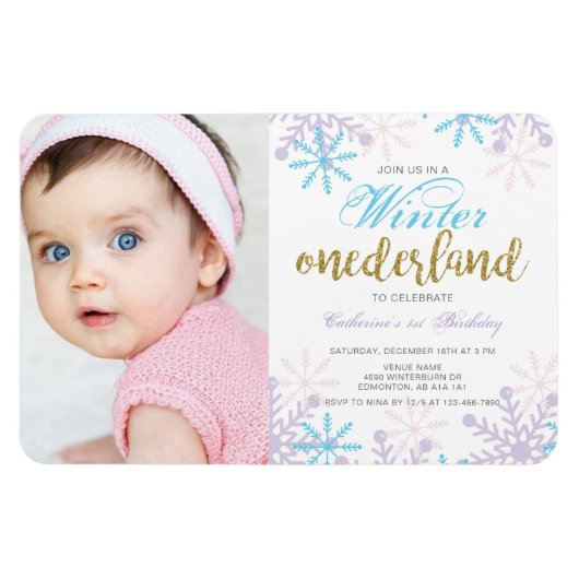 Winter Onederland 1st Birthday、フォトスノー付き マグネット (横)