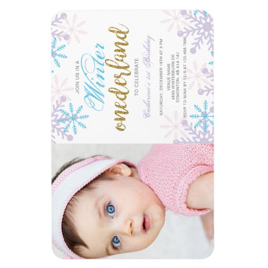 Winter Onederland 1st Birthday、フォトスノー付き マグネット (縦)
