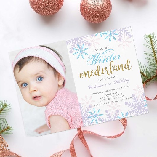 Winter Onederland 1st Birthday Baby Girl写真 招待状
