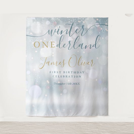Winter Onederland 1st Birthday Blue And Gold タペストリー (正面)