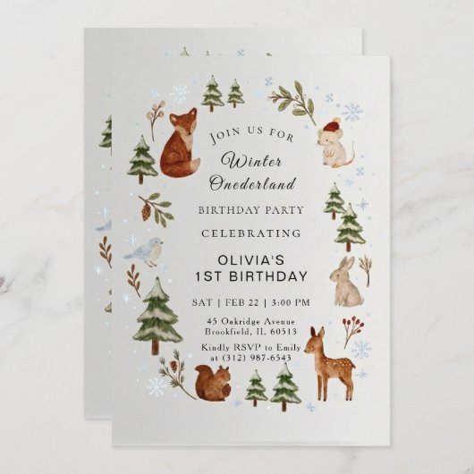 Winter ONEderland 1st Birthday Invitation Editable 招待状 (正面/裏面)